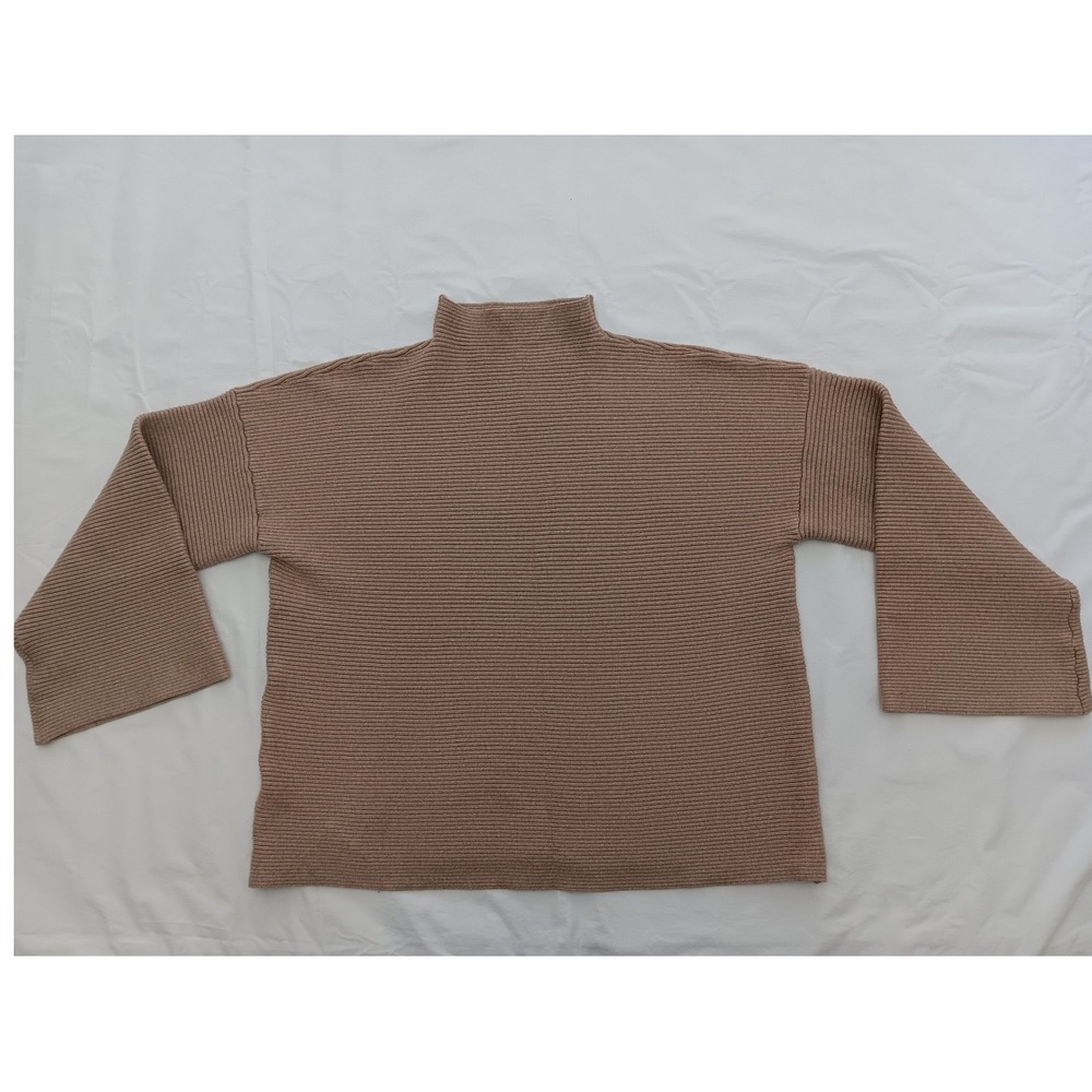 Karen Hart Tan Ribbed Mock Neck Sweater Large Bell Sleeve Drop Shoulder Boxy